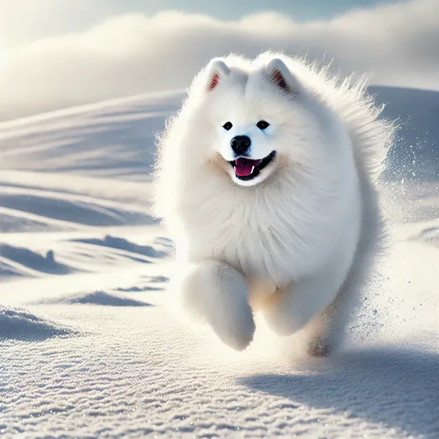 DALL·E 2024-09-04 15.46.40 - A Samoyed dog running joyfully in a snow-covered landscape, with its fluffy white fur blending perfectly with the surrounding snow. The dog's thick fu.webp