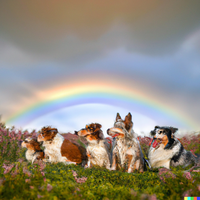 DALL·E 2022-07-19 17.43.27 - A group of cute dogs enjoyed watching the rainbow in a flowery field.png