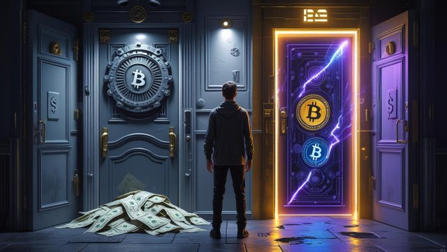 Crie uma imagem conceitual e provocativa que represente o dilema entre liberdade financeira e fuga do sistema, simbolizado pelas criptomoedas. A cena deve mostrar uma pessoa em pé diante de duas portas__– U.jpg