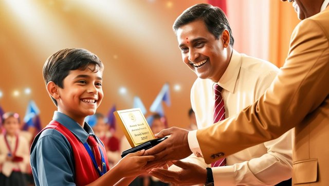 A boy received annual award by principal at school annual day.jpg