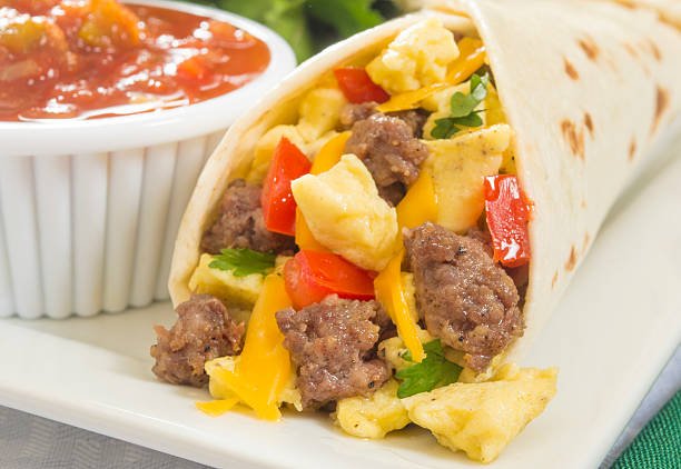 Breakfast burrito with spicy chorizo and egg Fast Food With Healthy Breakfast.jpg