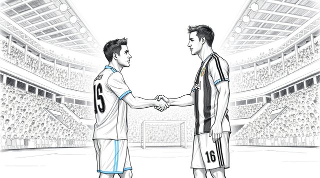 An ethereal spiritual vibe pervades a hand-drawn sketch depicting two soccer captains, one in an SS Lazio jersey, the other in a Juventus FC jersey, shaking hands at center field in a cro.jpg