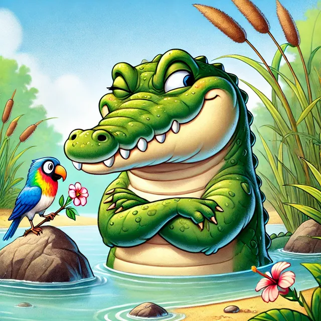 DALL·E 2024-09-01 11.57.34 - An illustration of a crocodile pretending to be friendly in front of a bird. The crocodile has a sly and slightly mischievous expression, with a half-.webp