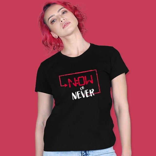 now_or_never_black_t_shirt_womens_with_model.jpg