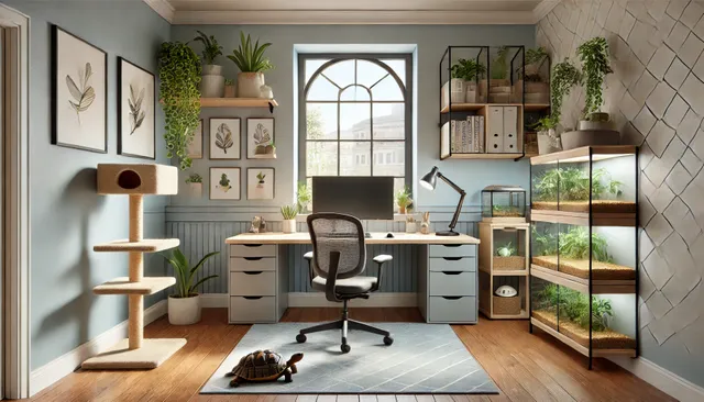 DALL·E 2024-09-16 12.32.21 - A 17 ft x 20 ft home office designed with a central ergonomic desk and chair setup near a window. The window area has a variety of indoor plants and a.webp