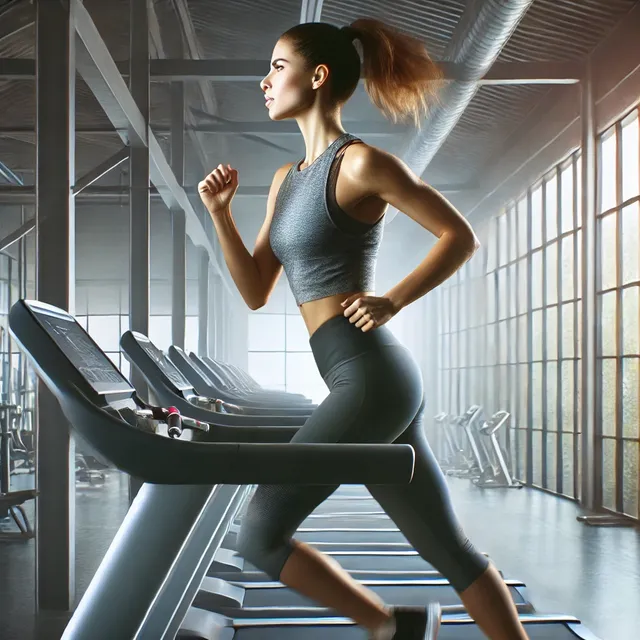 DALL·E 2024-09-16 12.05.18 - A realistic image of a woman running on a treadmill in a modern gym. She is wearing athletic clothing, with a focused and determined expression, mid-s.webp