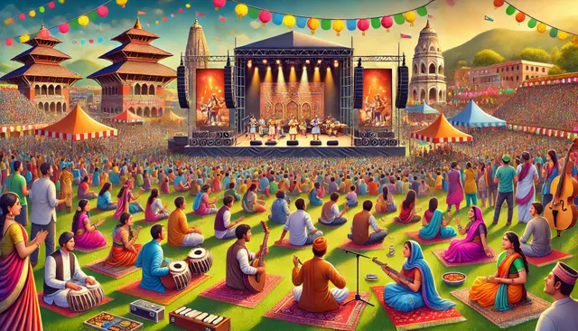 DALL·E 2024-07-20 20.18.24 - A vibrant music festival scene with a large crowd enjoying various live concerts. The setting includes multiple stages, each featuring different types.webp