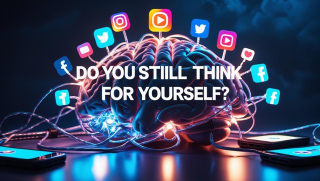 Um cérebro humano sendo envolvido por fios e cabos conectados a ícones de redes sociais (Instagram, TikTok, YouTube, Facebook), com expressão de confusão ou sobrecarga mental. O fundo deve ser escuro, com t.jpg
