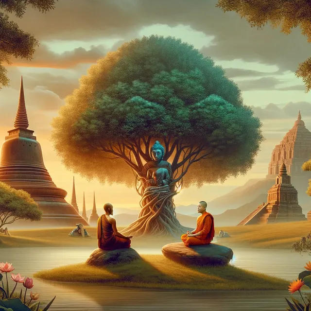 DALL·E 2024-04-10 08.11.03 - A tranquil scene illustrating the harmonious relationship between Buddhism and Sanatan Dharma. The image shows a serene landscape with a Bodhi tree at.webp