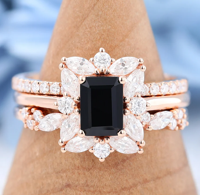 Amanda 3pcs emerald cut black onyx engagement ring