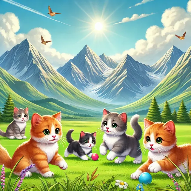 A small orange cat and its friends playing together in a scenic mountain landscape. The cats have various fur colors, and the scene is lively with the.webp