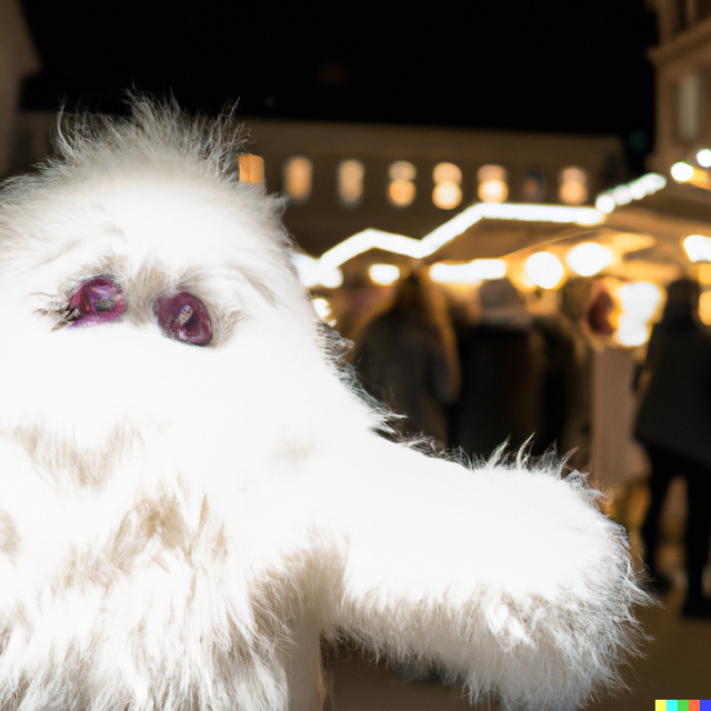 DALL·E 2022-12-05 13.27.46 - a white fur monster doing christmas shopping at a christmas market at a square with beautiful illumination.png