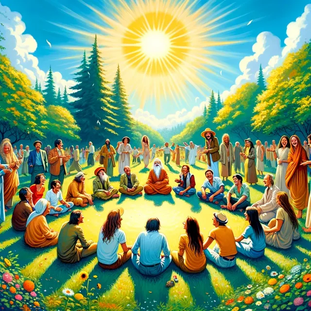 DALL·E 2024-03-29 06.23.33 - Illustrate a scene of individuals from diverse backgrounds gathered in a circle, laughing and sharing stories under a bright sun, encapsulating Osho's.webp