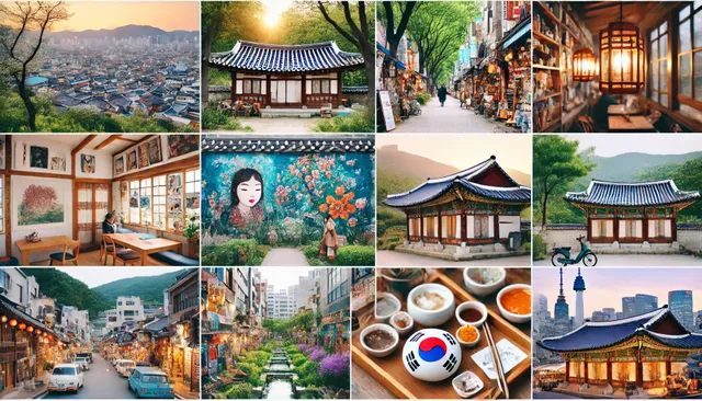 DALL·E 2024-06-30 05.55.23 - A collage of Seoul's hidden gems, featuring Ikseon-dong Hanok Village with traditional Hanok houses and quaint cafes, colorful murals of Ihwa Mural Vi.webp