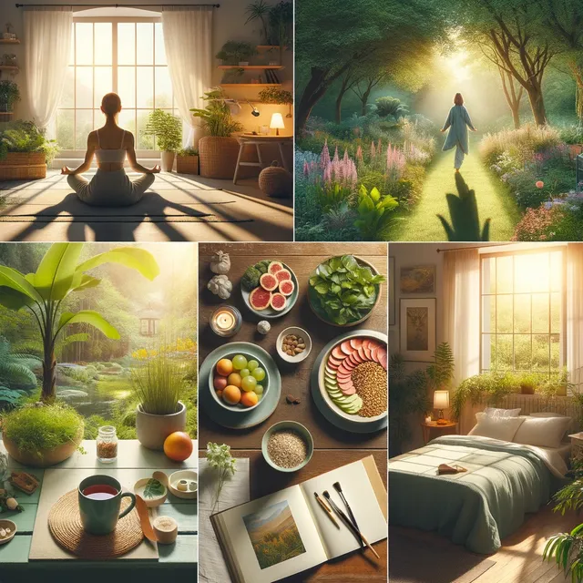 DALL·E 2024-05-13 08.10.28 - A peaceful day of relaxation and rejuvenation, visually represented through a series of images. The scene includes a tranquil morning with a person me.webp