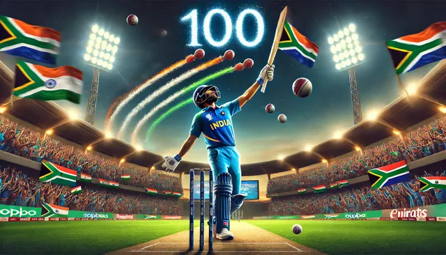 DALL·E 2024-11-09 23.57.47 - An eye-catching image capturing Indian cricketer Sanju Samson celebrating his century in the T20 series against South Africa. The scene shows Samson i.webp