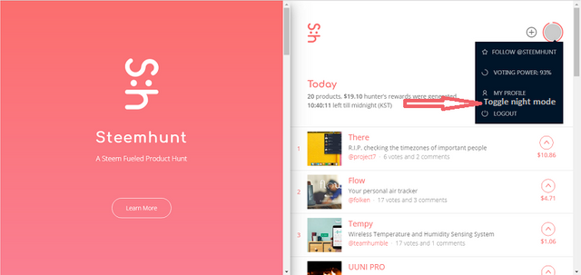 steemhunt settings toggle night mode.png