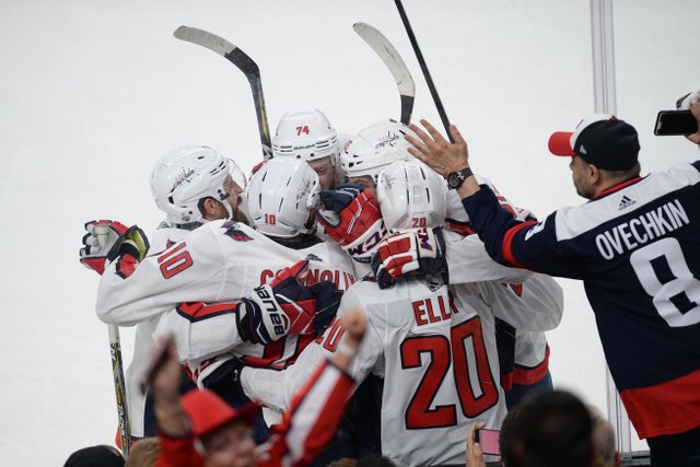 Celebrating Lars Eller’s winning goal in Game 5.