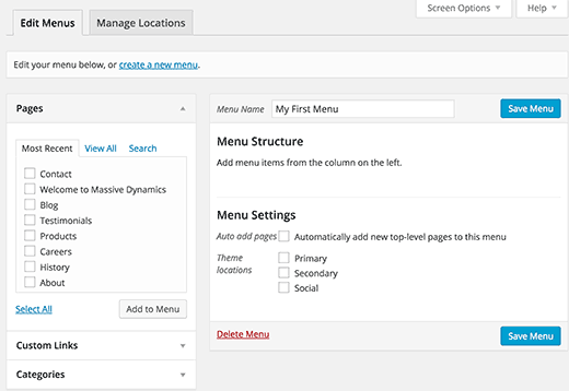 Newly created empty custom navigation menu in WordPress