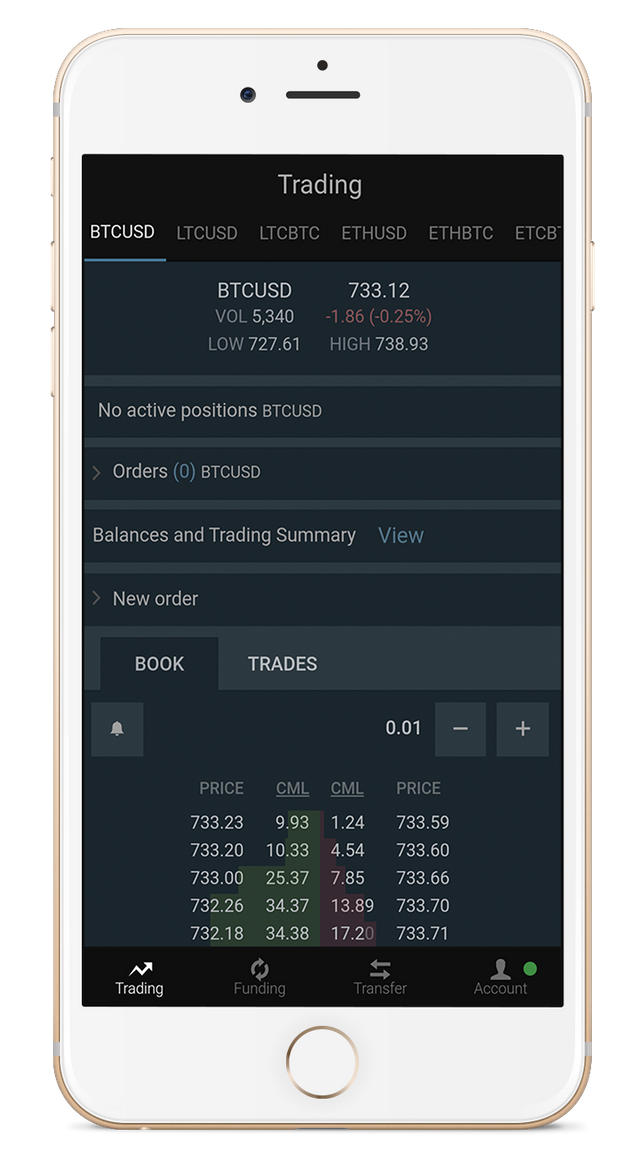 The Bitfinex exchange app on iPhone