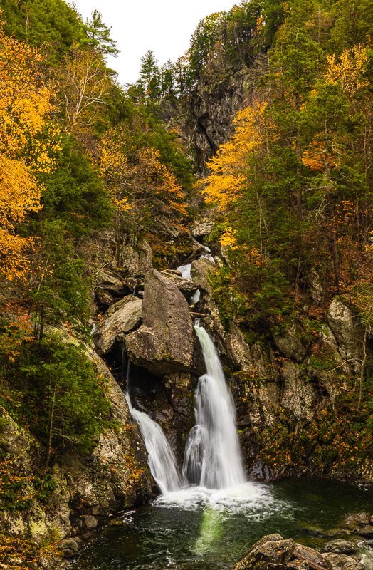 large Bash Bish Falls long exposure autumn photo in the autumn