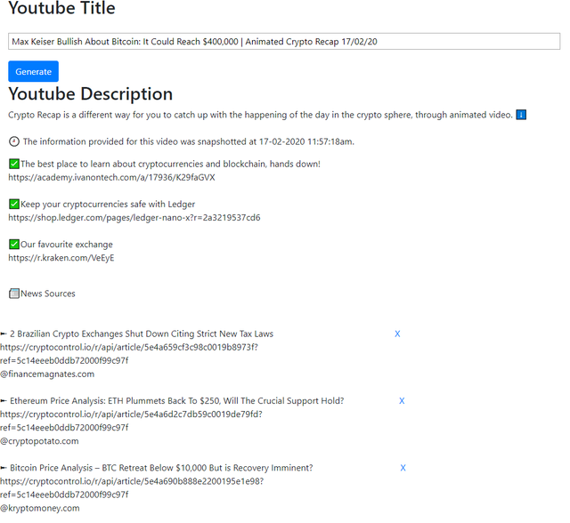 Example of the youtube description and title generated by the custom web tool