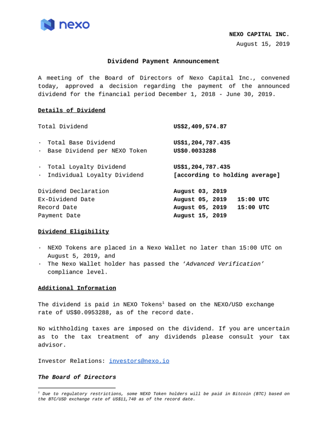 Nexo's documents on the dividend