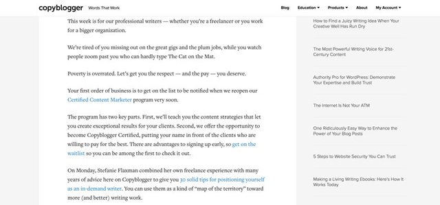 Screenshot of copyblogger.com using a width constraint in their blog article content.