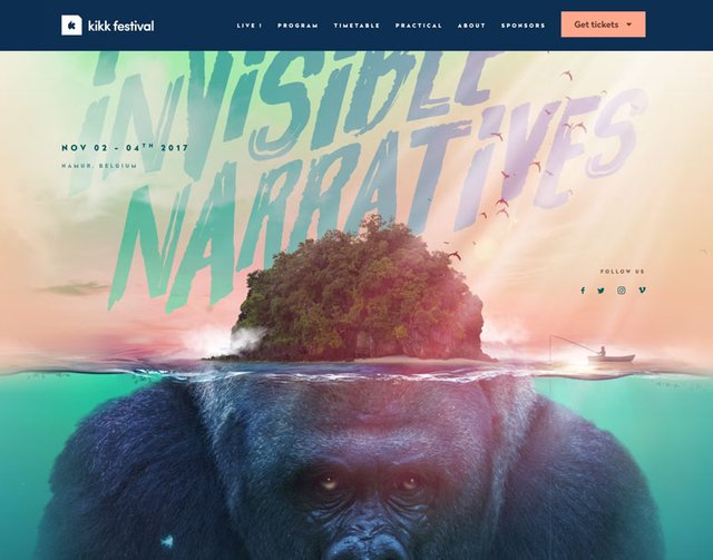 A screenshot of vibrant colors on KIKK Festival's web design.