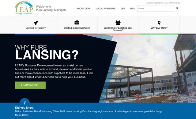 Screenshot of purelansing.com using highlights in their web design.