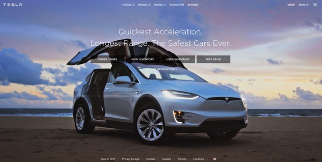 Screenshot of tesla.com showing an actionable landing page on the web.