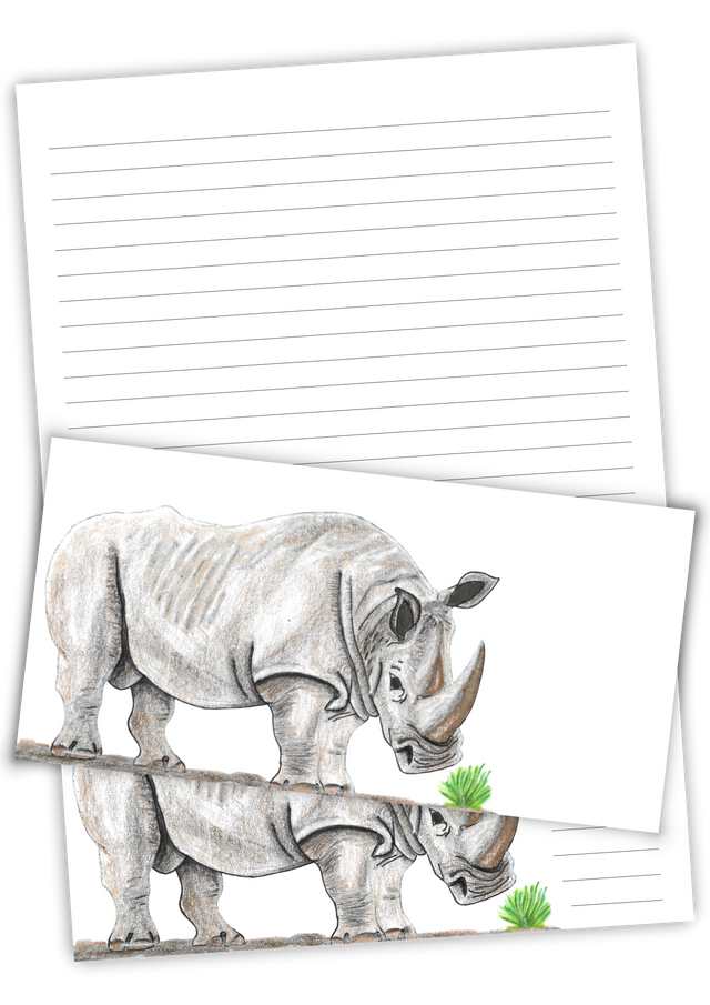 Picture of a stationery set, 32 lined A4 page and DL envelope witha a hand drown white Rhino.