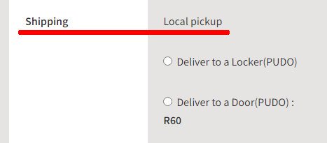 Screenshot of the shipping methods avaialble on envore services checkout with the “local pickup” method underlined in red.