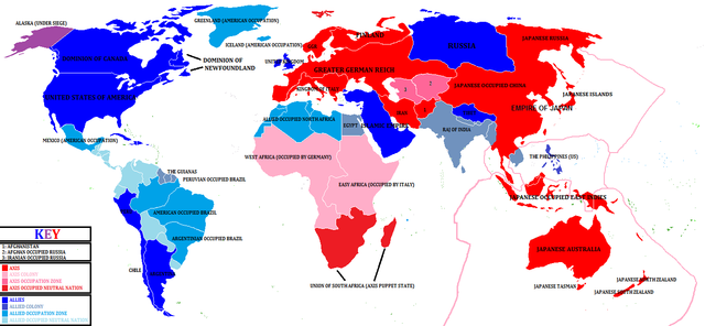 world map of Allies and their colonies, the Axis and the lands they took over