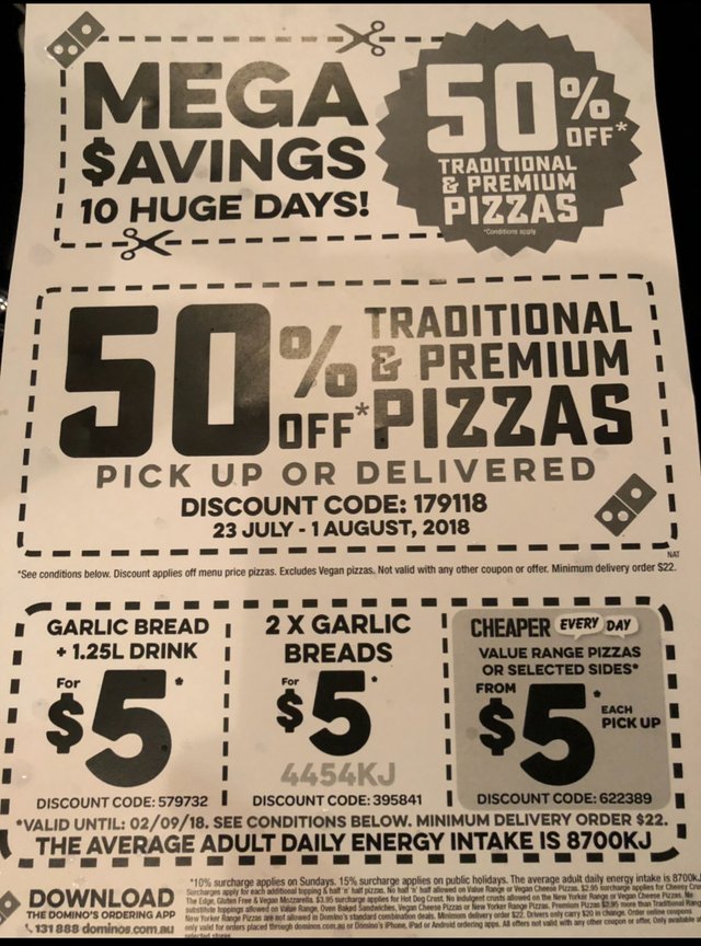 50% off traditional and premium Dominos pizzas