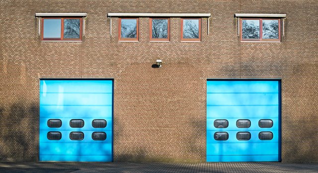 Two blue entrance doors