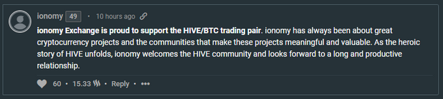 Comment by @ionomy on the Hive announcement post