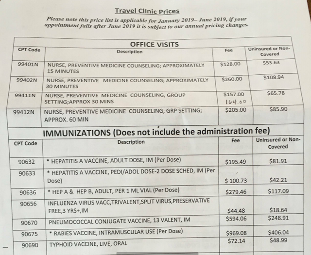 DHMC travel clinic prices