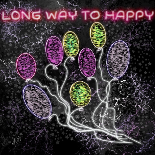 Avatar art depicting colourful balloons floating in a dark background, with lightening and stars. "LONG WAY TO HAPPY" ascribed along the top