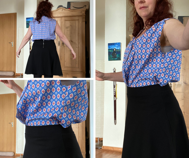 woman presenting the excess fabric at the waist and bust area of the handmade mimi blouse and the new wider armholes.