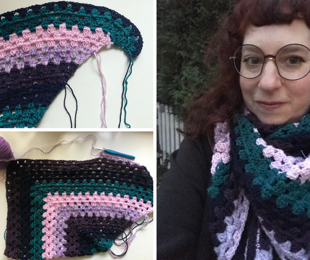 two photos of a multi-colored granny square crochet shawl and a photo of a smiling woman wearing it