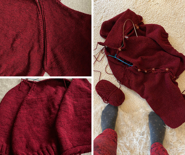 several parts of a bottom up knitted sweater lying n the floor