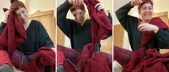 woman making fun with the parts of a hand knitted raglan sweater