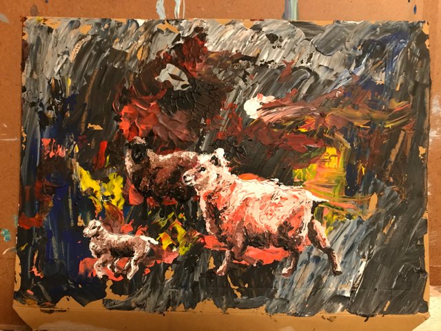 an expressive painting of three sheep