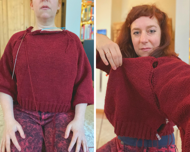 a woman wearing her hand knitted raglan sweater and showing its problems
