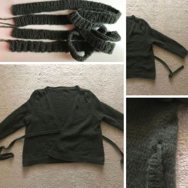 finished knitted wrap cardigan and details of the ties and closure