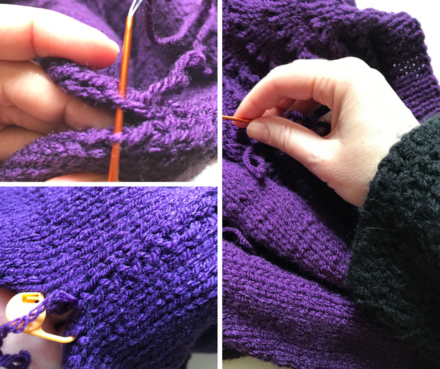 sewing a handknitted sweater together