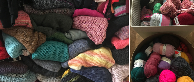 handmade sweaters and cardigans and yarn stash in box