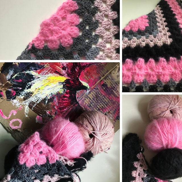 several photos of the beginning of a granny square crochet shawl in a vibrant pink and black yarn