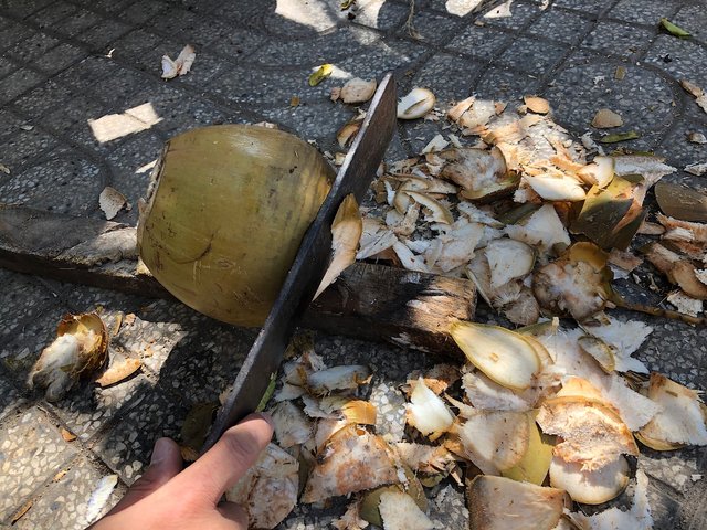 Cutting through the coconut coir